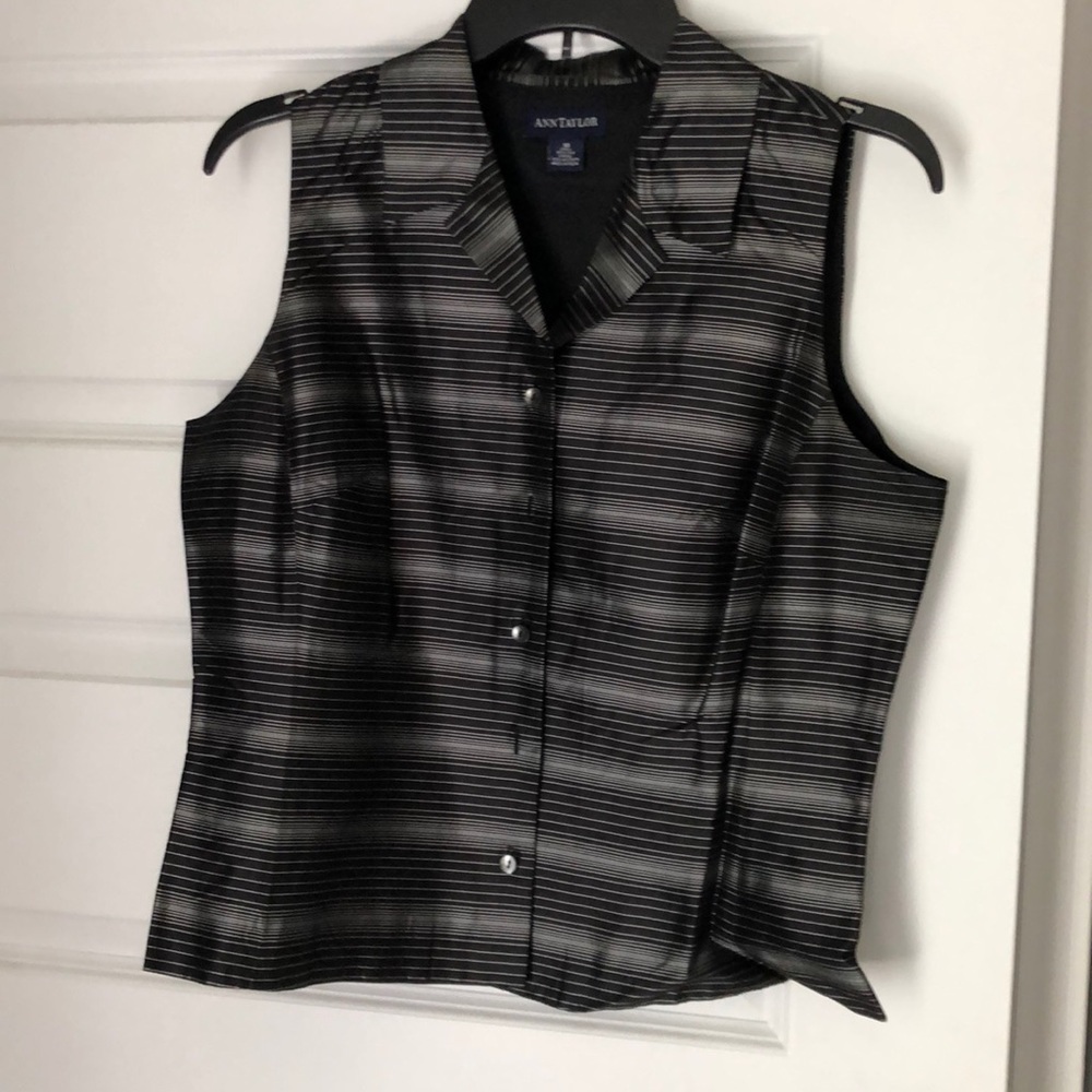 Black and gray striped button down silk blouse